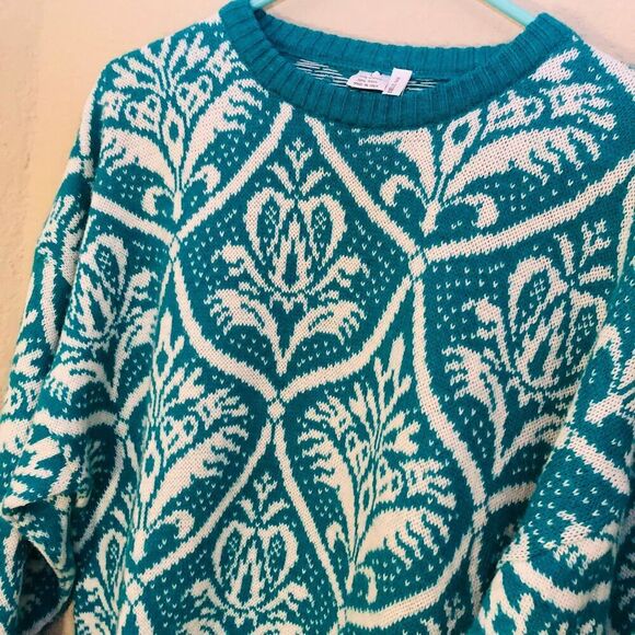 Vintage Men's Sweater Size Large Green White Wool Blend Made in Italy 80s Style - Picture 2 of 6